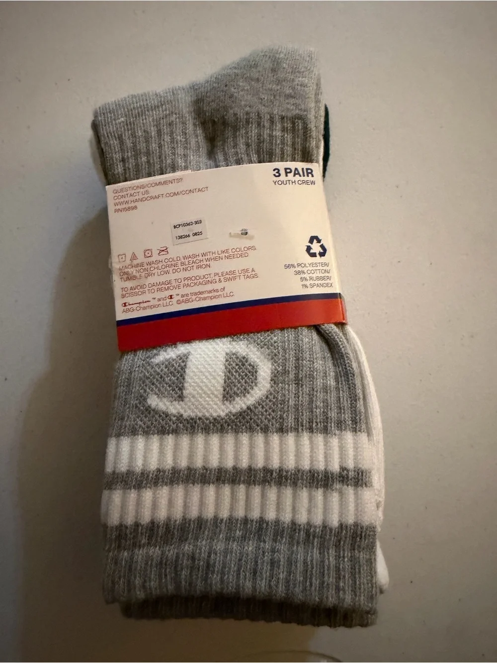 Champion Green/White/Gray Crew Socks - 3 Pair Pack